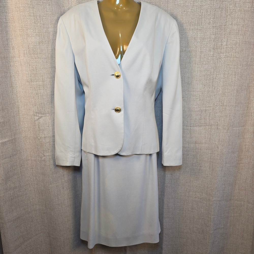 Vintage Saville 100% Silk Two Piece Suit Set Women's 14 Light Gray Blazer Skirt